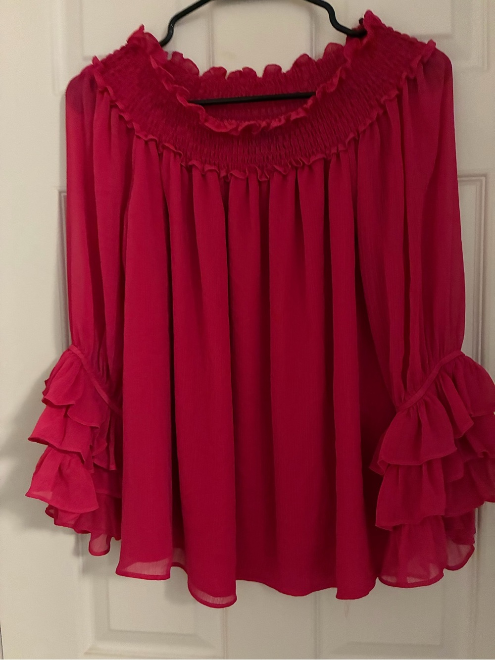 CeCe Off-Shoulder Ruffle Sleeve Blouse - Fuchsia